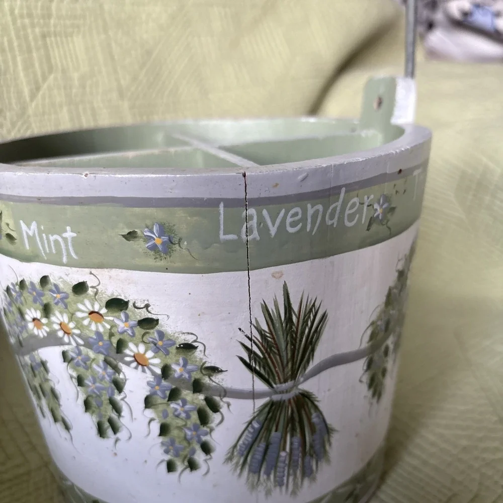 Wood Herb Kitchen Utensil Caddy Basket 4 Compartment Rosemary Dill Farmhouse Vtg